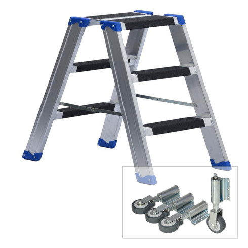 Leiterntritt 420 mm breit mit Antirutschbelag, Stahlgelenken und Federdruckrollen