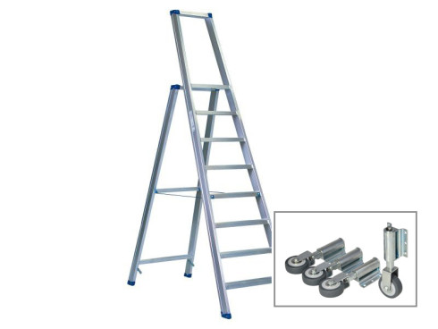 Stufenstehleiter einseitig begehbar mit Bügel, Federdruckrollen und Aussteifungsstreben