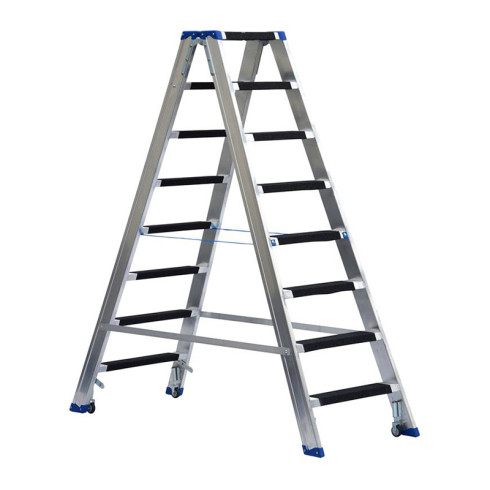 Stufenstehleiter beidseitig begehbar mit Federdruckrollen und Aussteifungsstreben und Antirutschbelag beidseitig
