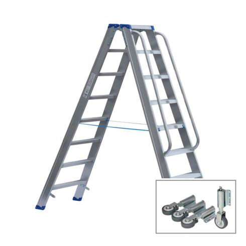 Stufenstehleiter beidseitig begehbar mit Federdruckrollen und Aussteifungsstreben und Handlauf links und rechts auf einer Seite