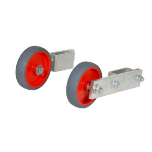 Stufenstehleiter einseitig begehbar mit Bügel, beidseitigem Handlauf, Transportrollensatz montiert und Aussteifungsstreben