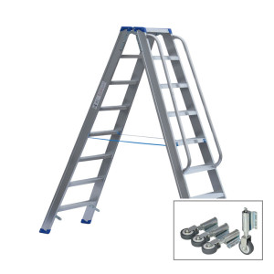 Stufenstehleiter beidseitig begehbar mit Federdruckrollen und Aussteifungsstreben und Handlauf links und rechts auf einer Seite